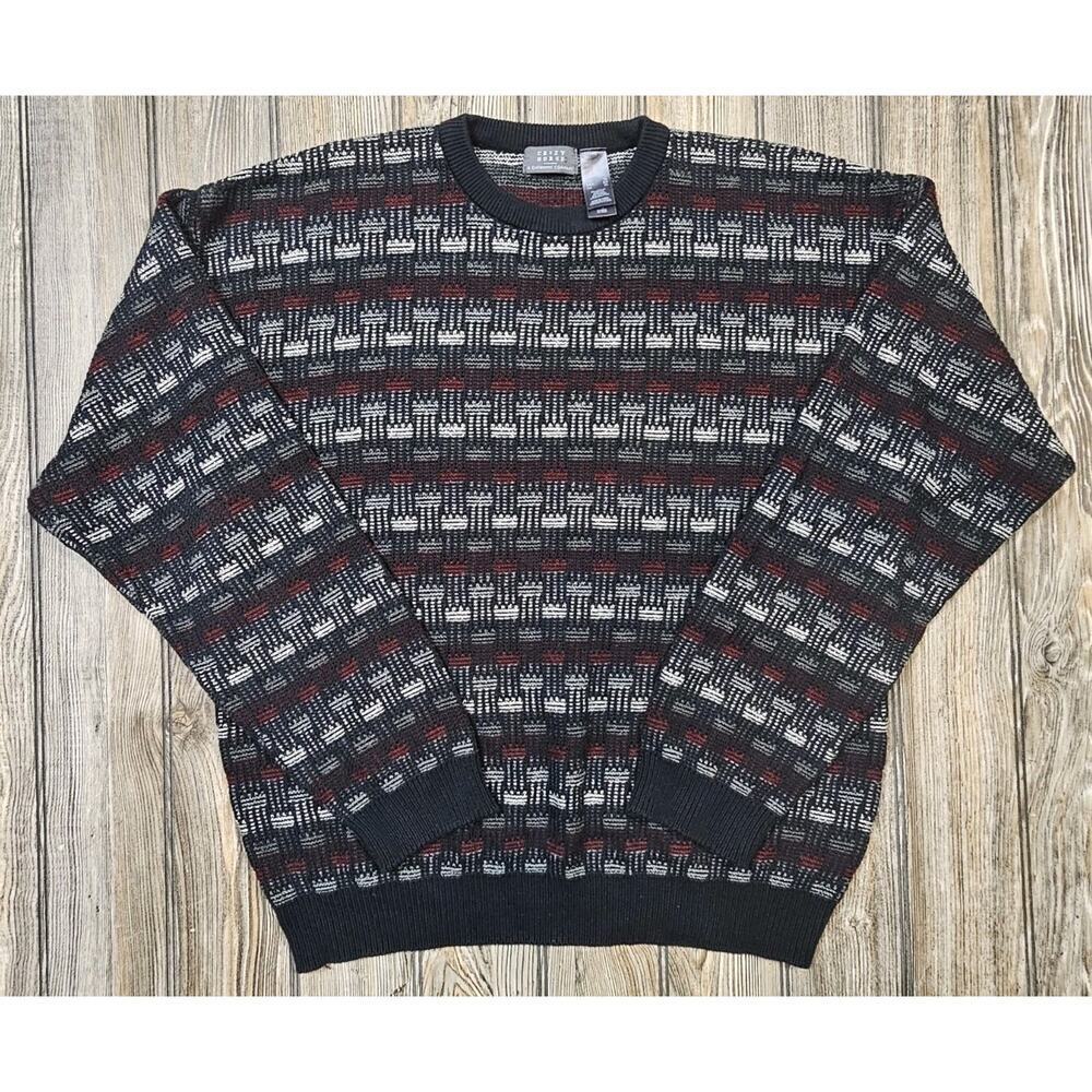 Crazy Horse By Claiborne Long Sleeve Pull Over Black Red White Geometric Sweater